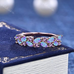 Lavender Purple Opal Wedding Band, Art Deco Amethyst Stacking Band, Delicate Fire Opal Bridal Matching Band, Anniversary Gift for Her