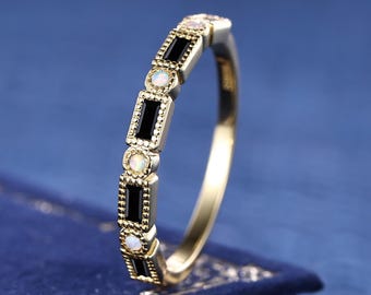 Antique Black Onyx Wedding Band, Vintage White Opal Stackable Ring, Minimalist Yellow Gold Matching Band, Valentine's Day Gift for Her