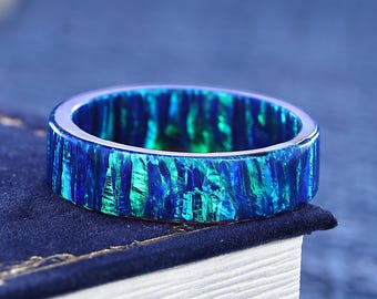 Unique Blue Opal Mens Wedding Band, Full Eternity Blue Fire Opal Engagement Rings, October Birthstone Ring, Valentine's Day Gift for Him