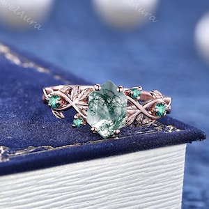 Natural Moss Agate Engagement Ring, 18k Rose Gold Green Emerald Forest Wedding Ring, Nature Inspired Leaf Ring, Anniversary Gift for Her