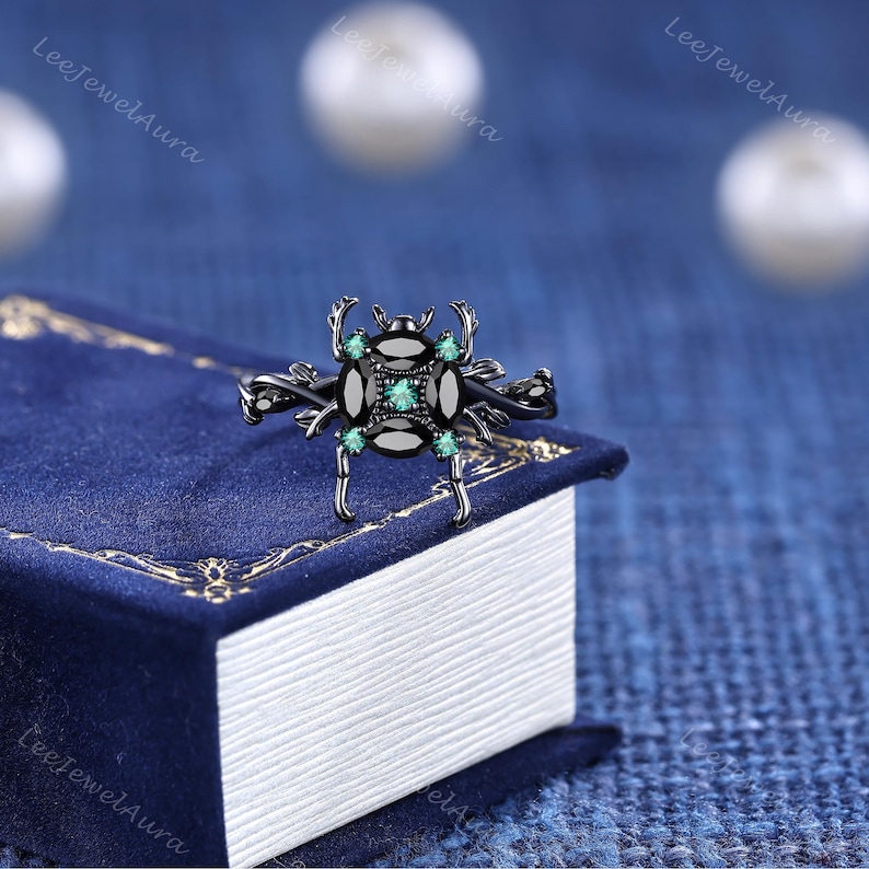 Gothic Black Onyx Beetle Engagement Ring, Multi Shape Emerald Wedding ...