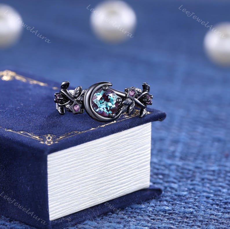 Round Color-changed Alexandrite Wedding Ring, Dainty Crescent Moon Star ...