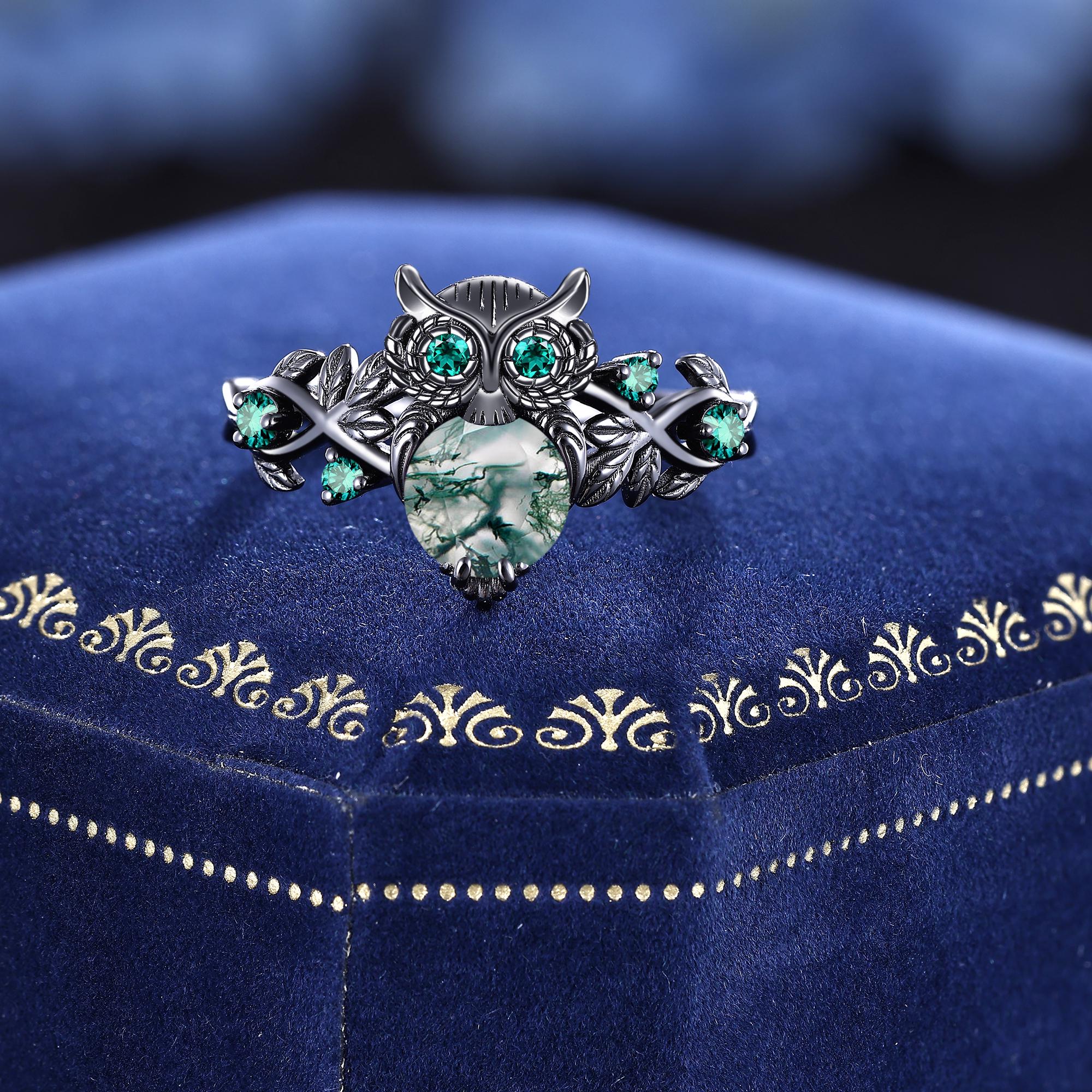 Unique Moss Agate Emerald Owl Engagement Ring: Gothic Green Gemstone Branch Vine Leaf Ring, Hallowee