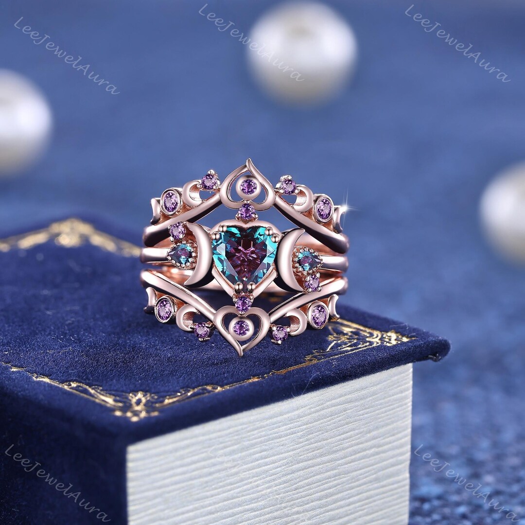 Vintage Color Changed Alexandrite Heart Engagement Ring Set, 2pcs Rose ...