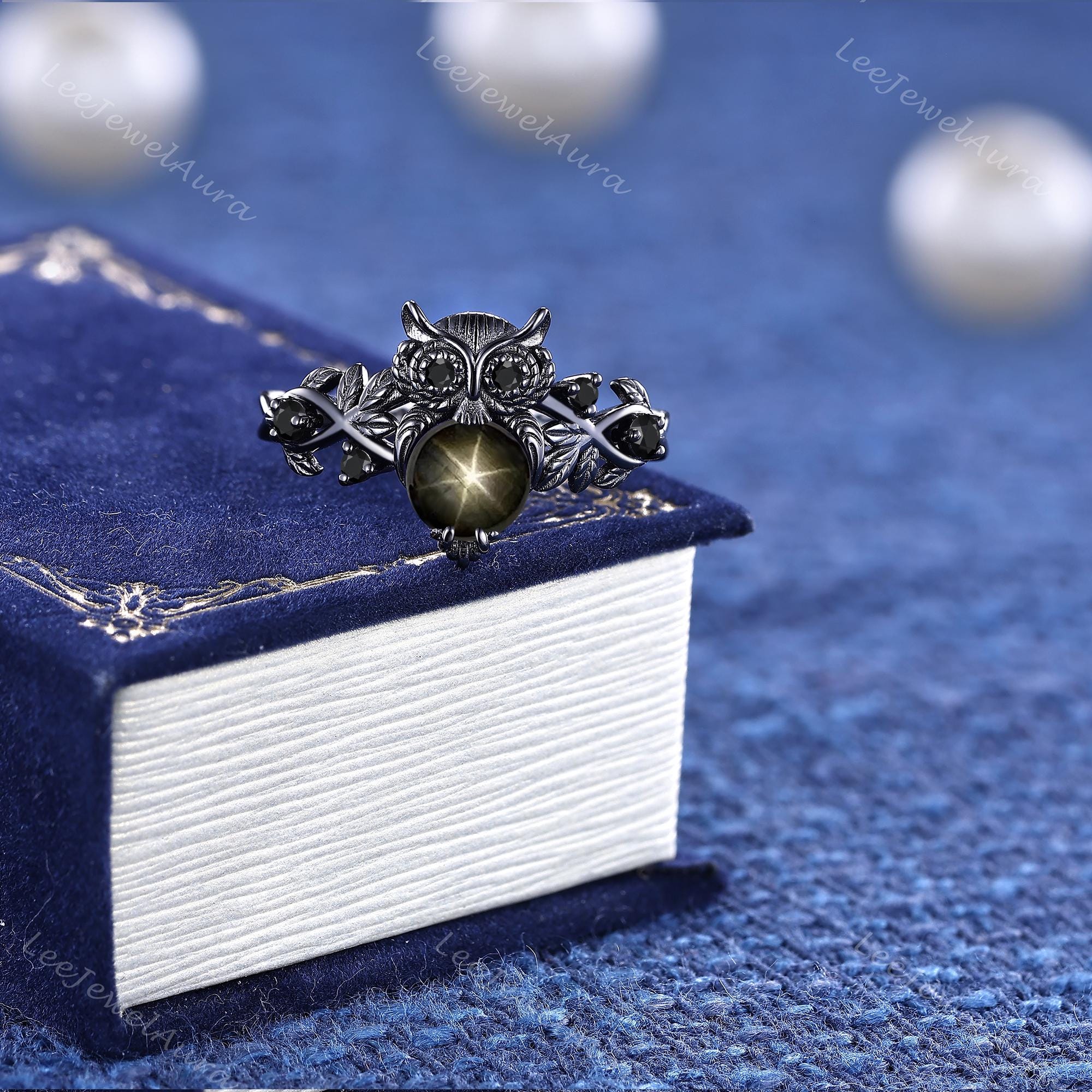 Black Star Sapphire Owl Ring Gothic Engagement Ring Witchy Owl Promise Ring Alternative Vintage Wedd