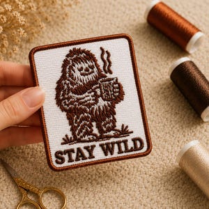 May include: A square patch with a brown border and a white background. The patch features a brown illustration of a Bigfoot holding a mug with steam rising from it. The text "STAY WILD" is at the bottom of the patch.