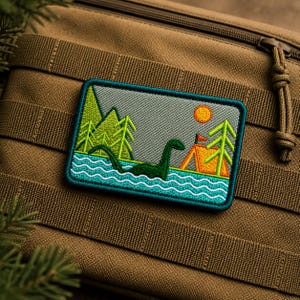 Op de afbeelding: Geborduurde patch met het Loch Ness Monster in een meer met bomen, een tent en een zon. De patch heeft een turquoise rand en is geplaatst op een bruine achtergrond. De patch is ongeveer 7,6 cm breed en 5 cm hoog.