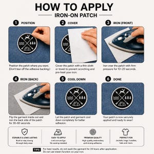 May include: An instructional graphic on how to apply an iron-on patch. The steps include positioning, covering, ironing the front and back, and cooling down. The patch features a deer, trees, and mountain design. The text includes "Durable & Long Lasting" and "Easy to Apply."