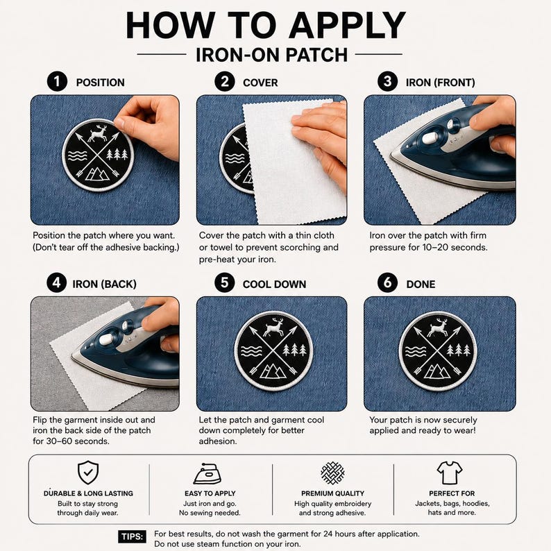May include: An instructional graphic on how to apply an iron-on patch. The steps include positioning, covering, ironing the front and back, and cooling down. The patch features a deer, trees, and mountain design. The text includes "Durable & Long Lasting" and "Easy to Apply."