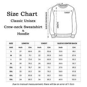 May include: Size chart for a classic unisex crew-neck sweatshirt and hoodie. Measurements are in inches and centimeters. Includes size, length, chest, and sleeve center back measurements for sizes S through 5XL. The chart also includes a diagram of the sweatshirt.