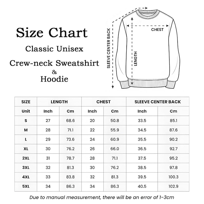 May include: Size chart for a classic unisex crew-neck sweatshirt and hoodie. Measurements are in inches and centimeters. Includes size, length, chest, and sleeve center back measurements for sizes S through 5XL. The chart also includes a diagram of the sweatshirt.