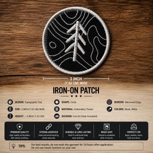 May include: Black and white topographic tree iron-on patch, 3 inches (7.62 cm) wide. The circular patch features a tree design and is made of embroidery thread. The patch is heat activated and can be applied to bags, jackets, vests, hats, and more.