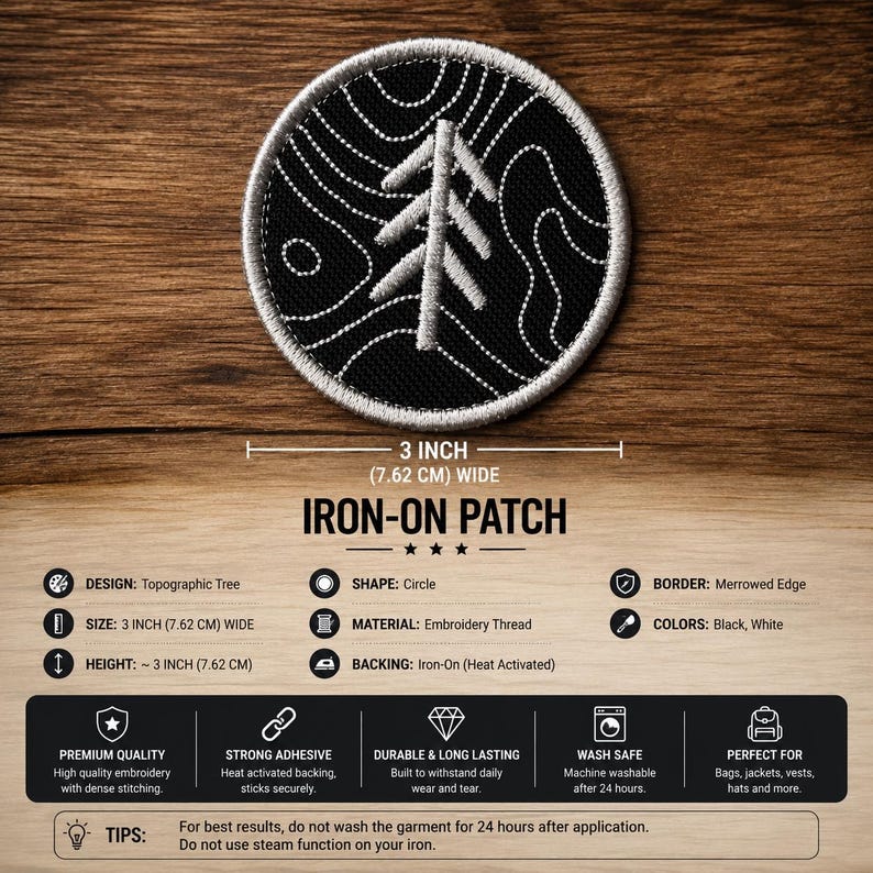 May include: Black and white topographic tree iron-on patch, 3 inches (7.62 cm) wide. The circular patch features a tree design and is made of embroidery thread. The patch is heat activated and can be applied to bags, jackets, vests, hats, and more.