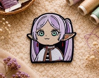 Anime Elf Girl Embroidered Iron-On Patch, Kawaii Waifu Girl Manga Badge (10x9.5 cm), Anime Gift, Kawaii Waifu Girl Manga Patch, Gift for her