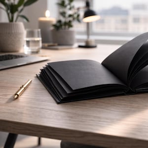 Może przedstawiać: Otwarty czarny notatnik z rozłożonymi stronami leży na jasnym drewnianym biurku. Złoty długopis, laptop i świeca również znajdują się na biurku. Notatnik jest centralnym punktem, sugerując przestrzeń roboczą lub kreatywną.