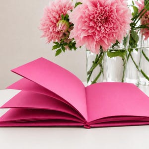 May include: An open notebook with vibrant hot pink pages and a matching cover, displayed with several clear glass vases containing large, textured, light pink dahlia flowers with green stems and leaves, creating a bright and colorful composition.