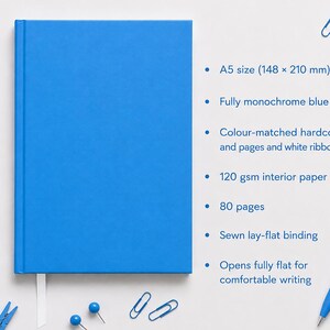 Elegant blue stationery notebook featuring 80 pages of blue paper, hardcover construction, and sewn binding, displayed open to highlight its functional and artistic design.
