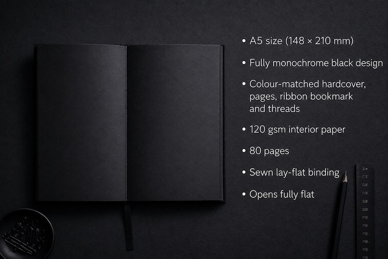 Black hardcover journal with thick black paper for high contrast creative work. Ideal for sketching, notes, and visual journaling with markers. The understated design is elevated by a subtle pink accent page near the back.