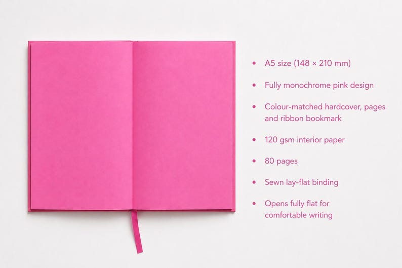 Aesthetic pink journal with matching pink interior paper and hardcover design, offering a unique monochromatic writing experience for artists, writers, and stationery enthusiasts.