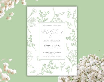 May include: A white invitation card with a light green background and floral line art. The text reads "A Celebration of Love" and invites guests to celebrate Emily & John. The RSVP details are also included.