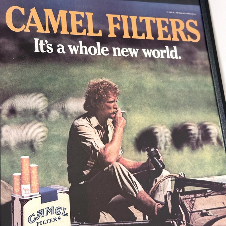 May include: A vintage Camel Filters advertisement poster featuring a person with curly hair sitting in a grassy field with zebras in the background. The text reads CAMEL FILTERS and It's a whole new world. A pack of Camel Filters is in the foreground.