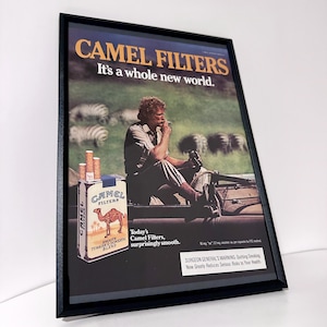 May include: A framed vintage Camel Filters advertisement poster featuring a person sitting in a vehicle in a grassy field with zebras in the background. The text reads CAMEL FILTERS, It's a whole new world, and includes a Surgeon General's warning.