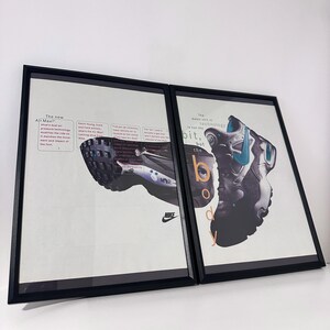 May include: Two framed Nike advertisements. The left frame features a shoe sole with text about Air Max technology. The right frame displays a shoe with the text "bit, but the body". Both frames have black borders and a white background.