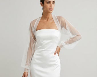 Sheer Tulle Bridal Shrug Bolero with Puff Sleeves | Wedding Cover Up in White, Ivory or Black