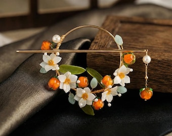 Mandarin Flower Hair Ring with Stick Pin, Chinese Style Floral Hairpin with Pearl Charm, Elegant Vintage Hair Accessory Gift