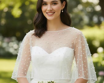 Pearl Bridal Cape | Sheer Wedding Cover Up with Pearls | White or Ivory Pearl Capelet for Brides | Elegant Tulle Shoulder Wrap