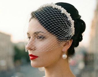 Pearl Birdcage Veil Headband, White or Black | Vintage Bridal Fascinators | Wedding Hair Accessory for Bride, Courthouse & Party