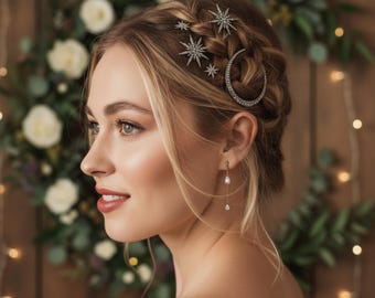 Sets Moon and Star Hair Clips | Set of 3 Celestial Hair Pins in Silver and Gold | Crystal Moon Barrette Set | Cosmic Hair Accessories