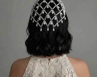 Corona con copricapo drappeggiato di perle | Cerchietto da sposa in oro o argento con perle a goccia, gioielli per capelli in stile Gatsby vintage, accessorio da sposa