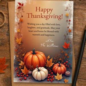 Könnte beinhalten: Thanksgiving-Grußkarte mit der Aufschrift "Happy Thanksgiving!" und einem warmen Herbstthema. Die Karte zeigt Illustrationen von Kürbissen, Herbstblättern und Beeren. Der Text enthält eine herzliche Thanksgiving-Botschaft.