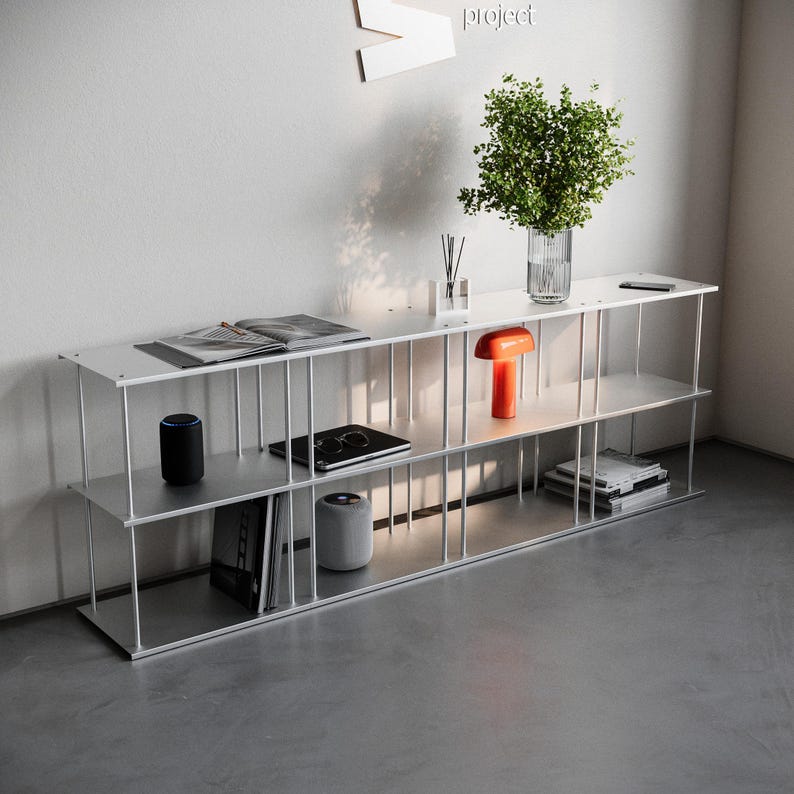 Modulärt hyllsystem i aluminium | Expanderbart hyllställ i borstad metall | Industriella minimalistiska hyllor | Bas- och nivåmoduler bild 3