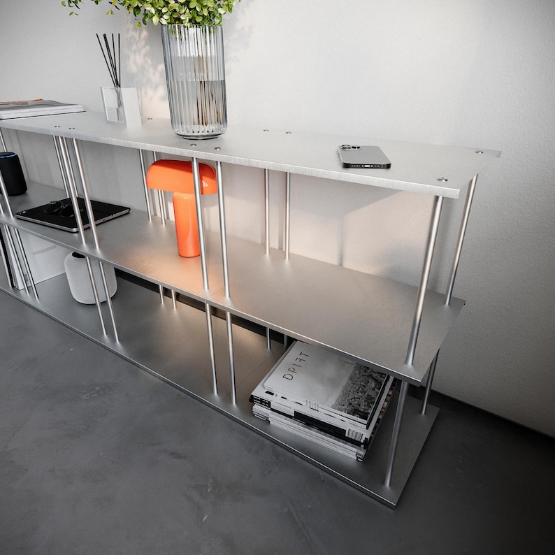 Modulärt hyllsystem i aluminium | Expanderbart hyllställ i borstad metall | Industriella minimalistiska hyllor | Bas- och nivåmoduler bild 4