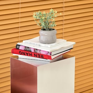 May include: A small potted plant with green foliage and yellow flowers sits atop a stack of books. The books are on a two-tone, modern pedestal table with a white and reddish-brown finish. The background features wooden blinds.