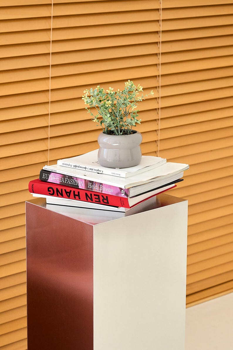 May include: A small potted plant with green foliage and yellow flowers sits atop a stack of books. The books are on a two-tone, modern pedestal table with a white and reddish-brown finish. The background features wooden blinds.
