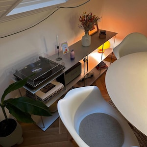 May include: A modern living room setup featuring a silver metal shelf unit with a record player, vinyl records, and decorative items. A white vase holds dried flowers. White chairs surround a round table, and a potted plant adds greenery.