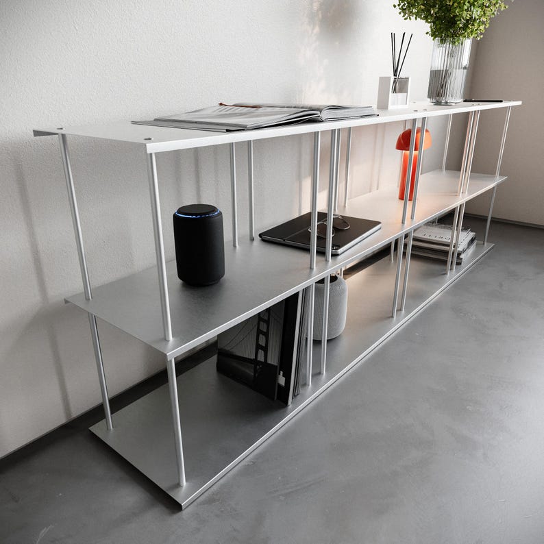 Modulärt hyllsystem i aluminium | Expanderbart hyllställ i borstad metall | Industriella minimalistiska hyllor | Bas- och nivåmoduler bild 2