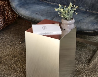 Metal cube table. Shelf for vase. Designer home decor. Stainless steel furniture.