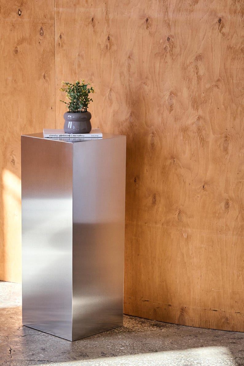 May include: A brushed metal pedestal with a small potted plant and a book on top. The plant has green leaves and is in a gray pot. The pedestal is rectangular and stands against a wood-paneled wall.