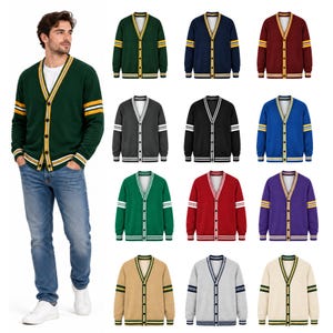 May include: A collection of long-sleeve V-neck button-down cardigans in various solid colors, each featuring contrasting striped trim on the sleeves, cuffs, hem, and neckline. The cardigans are displayed in a grid, with one worn over a white t-shirt.