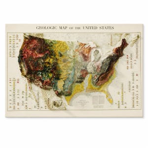 May include: A vintage-style geologic map of the United States, featuring a 3D relief effect. The map displays a variety of colors representing different geological formations. The title "GEOLOGIC MAP OF THE UNITED STATES" is printed at the top.