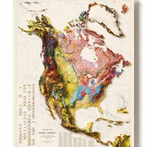 May include: A framed geologic map of North America, featuring a 3D relief effect. The map displays a variety of colors representing different geological formations. The frame is white, and the map includes detailed text and legends.
