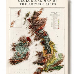 May include: A vintage-style geological map of the British Isles, featuring a 3D relief effect. The map displays a variety of colors representing different geological features. The title "GEOLOGICAL MAP OF THE BRITISH ISLES" is printed at the top.
