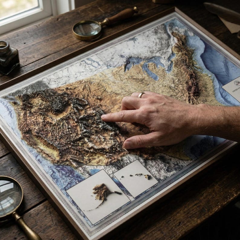 May include: A framed 3D relief map of the United States, showcasing topographical features in shades of brown, tan, and blue. The map is in a wooden frame, with a person's finger pointing to a location on the map. A magnifying glass is in the foreground.