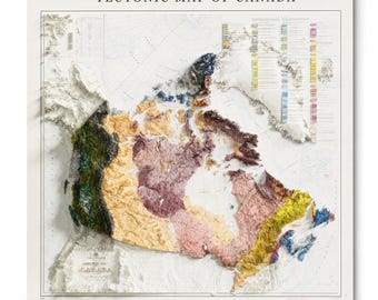 May include: A detailed, colorful relief map of Canada, showcasing its tectonic features. The map is labeled "TECTONIC MAP OF CANADA" and features various colors to represent different geological formations. The map is mounted on a white background.