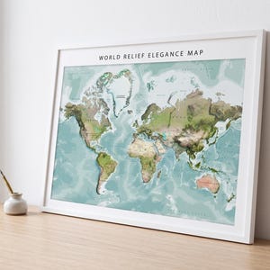 Arte mural de mapa del mundo, póster impreso de mapa topográfico, decoración de terreno natural, regalo para viajeros