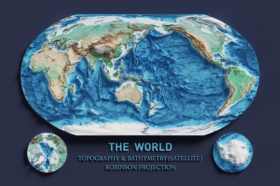 Topography Map Projection World Topographic & Bathymetric Map Poster - Robinson Projection Wall ...
